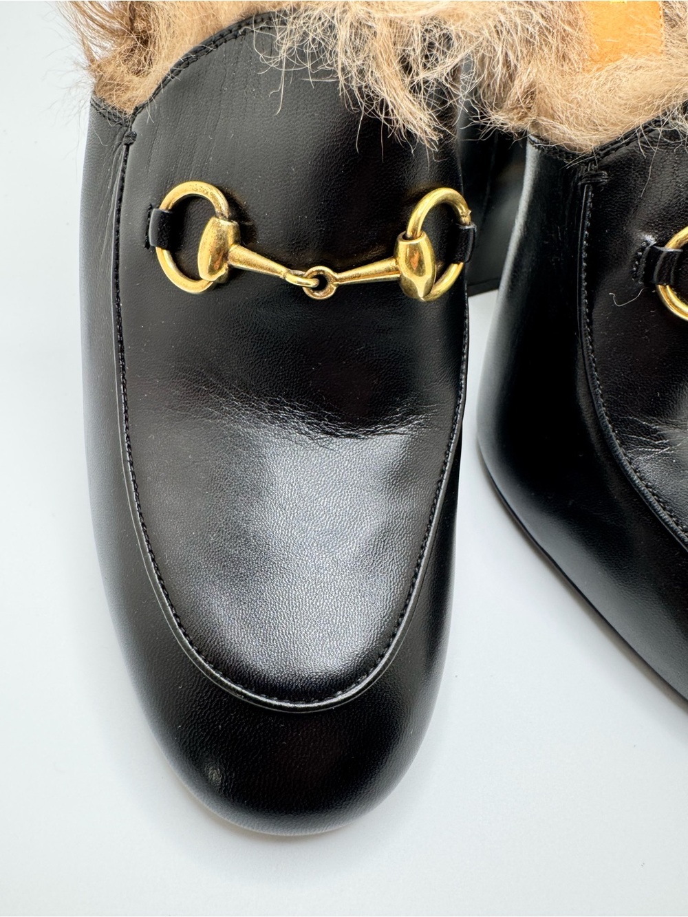Gucci Princetown Fur Mules Black Leather Horsebit Heels 37 - Picture 5 of 16